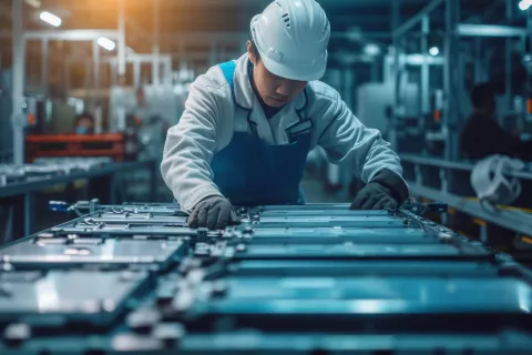 Ein Arbeiter in einer Fabrik arbeitet an verschiedenen Akkus für moderne Speichersystem.